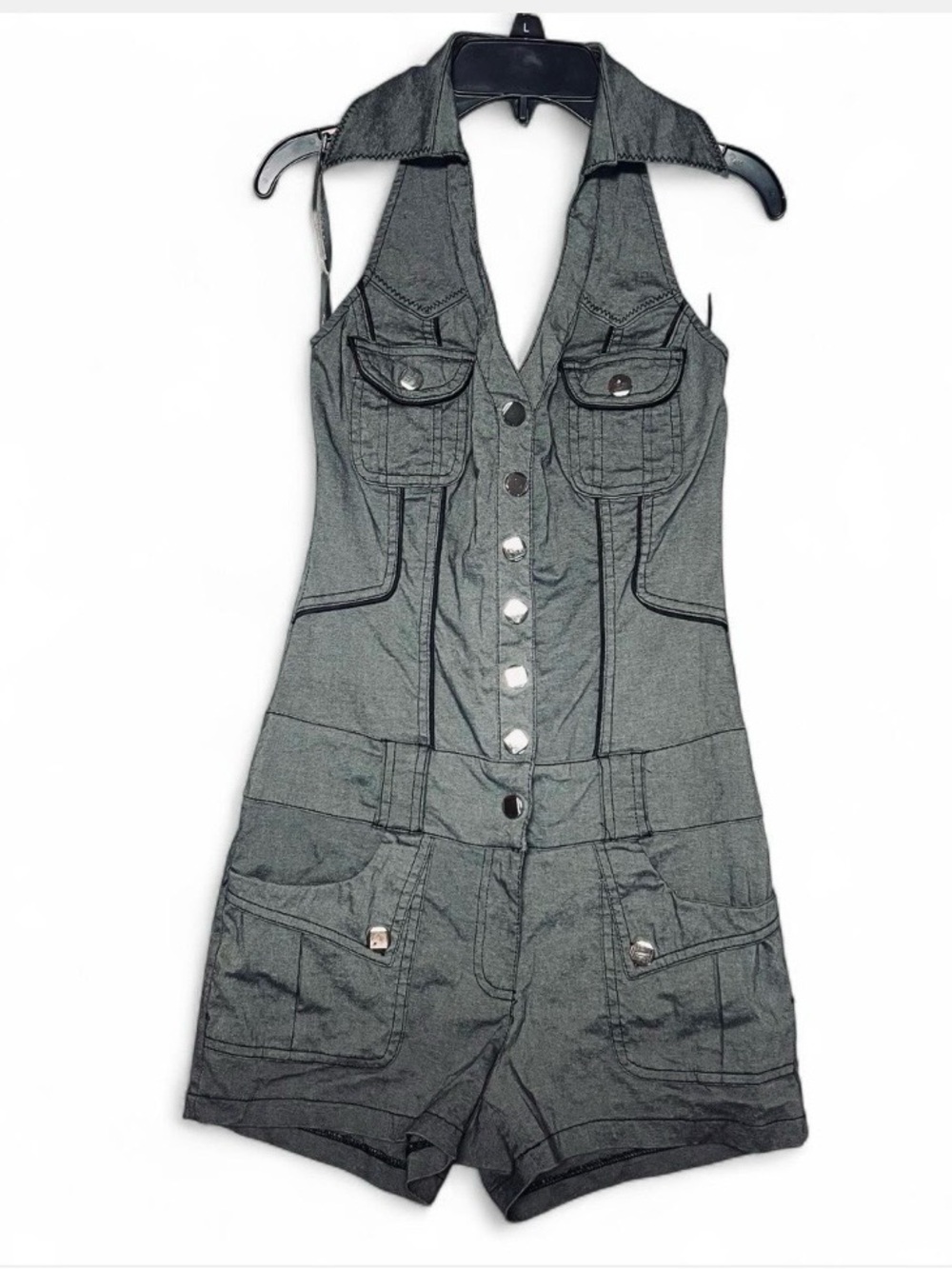 Entry Gun Metal Gray Snug Fitting Jumpsuit Romper w/Pockets S Flattering Fit